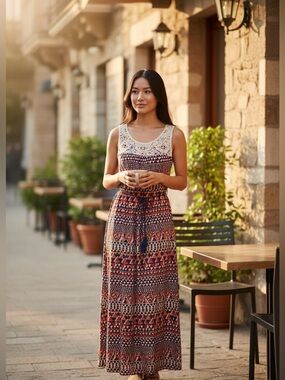 Lucky Brand Navy and Rust Crochet Yoke Maxi Dress